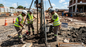 HOmens trabalhando na obra com um equipamento de sondagem